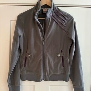 Merrell Women's Gray Fleece Bomber Jacket with Purple Velvet Details